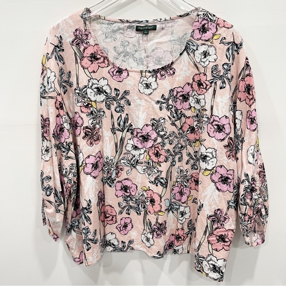 For Cynthia Linen Blend Floral Blouse Top Large